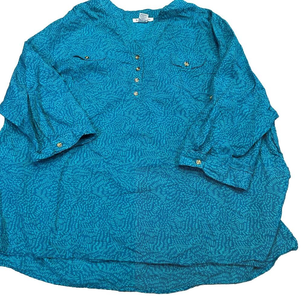 Susan Bristol Pullover Blue‎ Paisley 3/4 Sleeve Button Up Blouse Women's 3XL